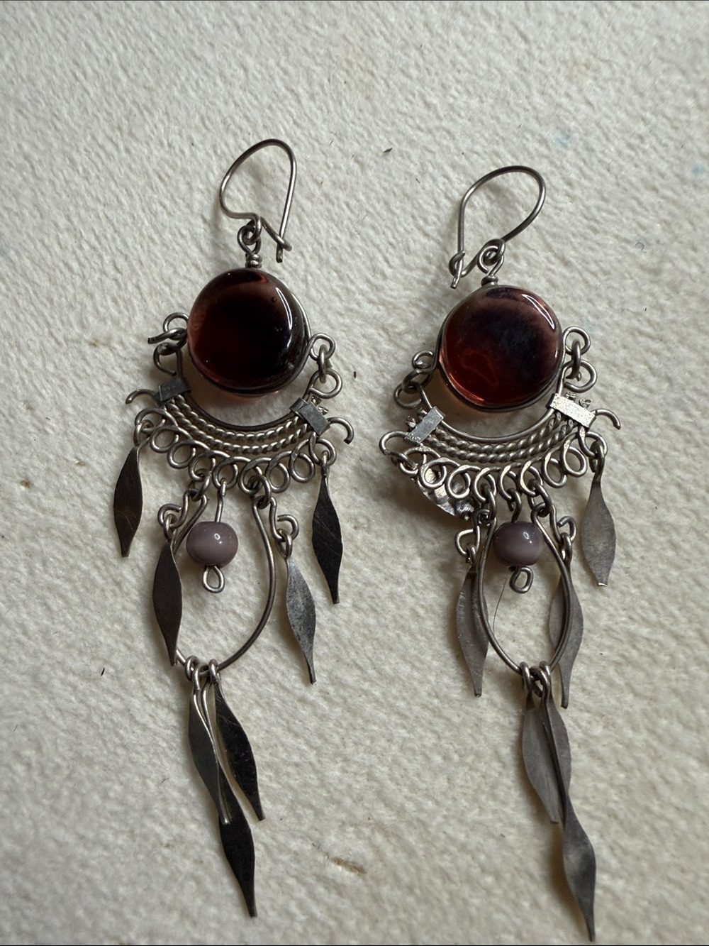 Bohemian Silver and Amber Dangle Earrings